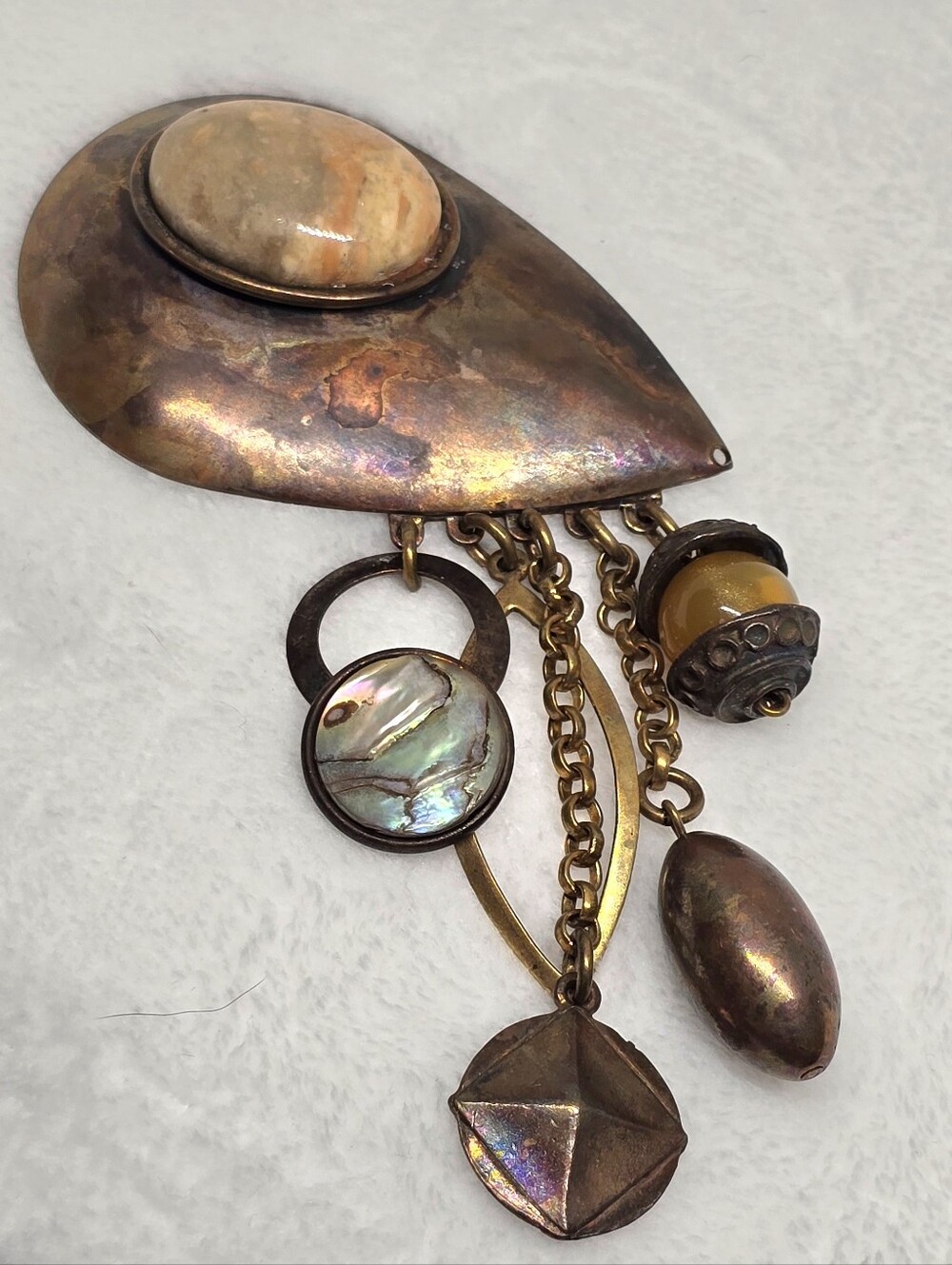 KATE HINES Signed Vintage Artisan Brutalist Brooch Pin  Copper Brass Patina